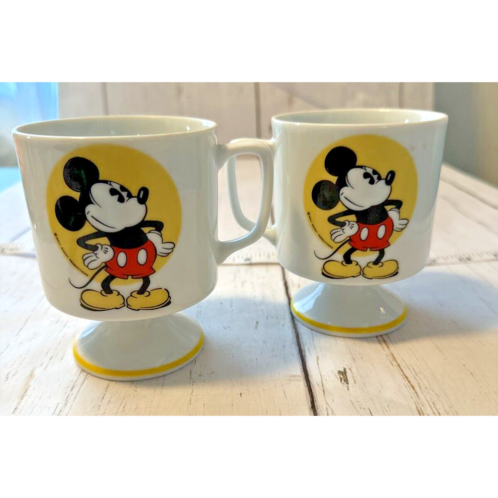 Vintage Walt Disney Mickey Mouse Pedestal Footed Coffee Mug Cup 70's Set Of 2